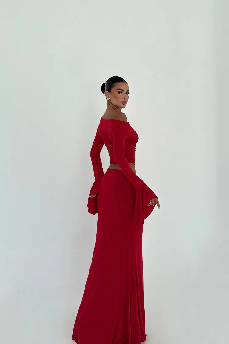 ClaretBodycon Floor Length Dress With Bell Sleeves