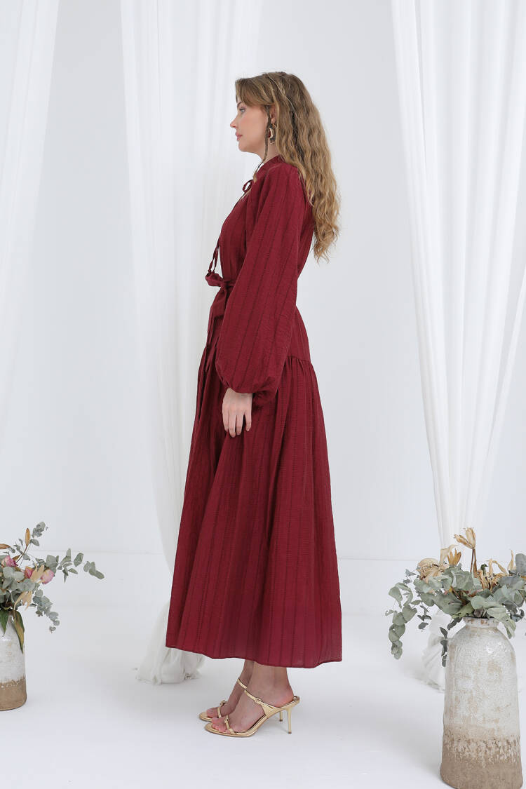 Claret Red Fit And Flare Dress With Shawl Collar