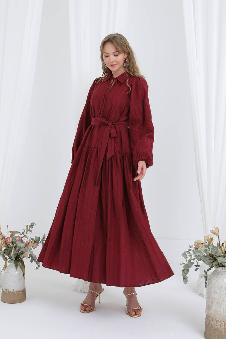Claret Red Fit And Flare Dress With Shawl Collar