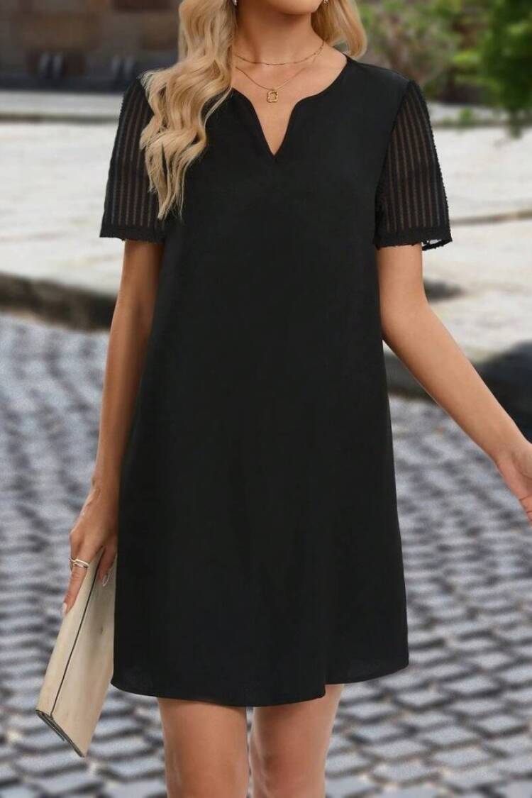 Elegant Black Mini Shift Dress With Notched Neck