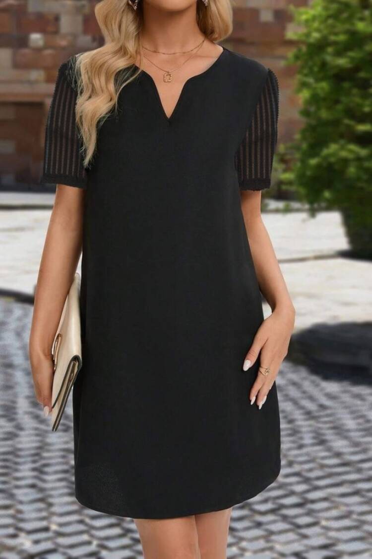 Elegant Black Mini Shift Dress With Notched Neck - Brand: Janes - Women's Clothing Wholesale - Globality Store