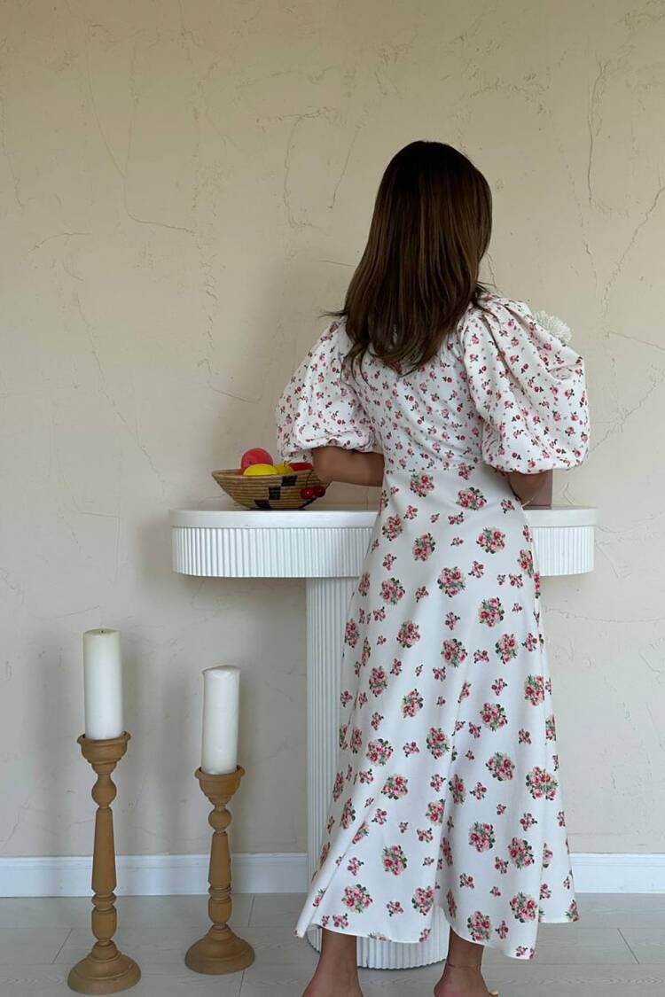 White Elegant A-Line Dress With Floral Pattern