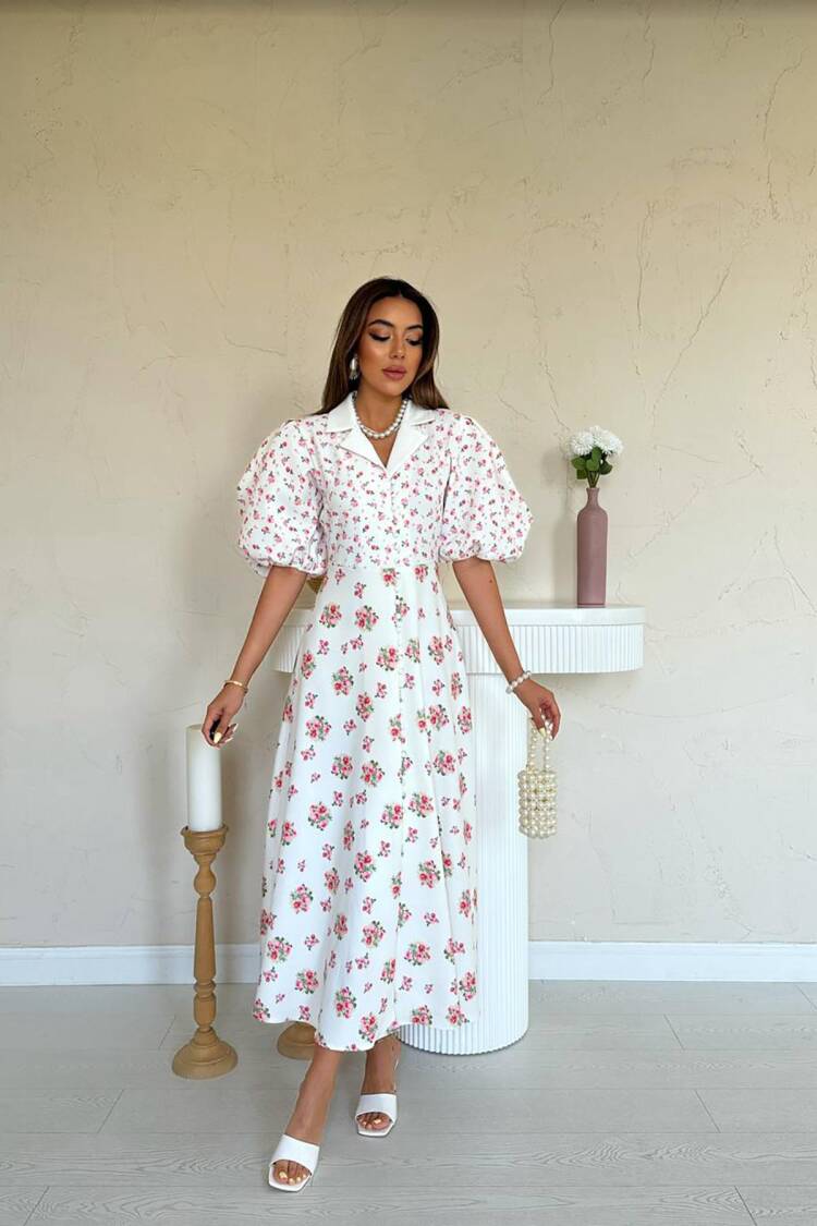 White Elegant A-Line Dress With Floral Pattern - Brand: Elisa - Women's Clothing Wholesale - Globality Store