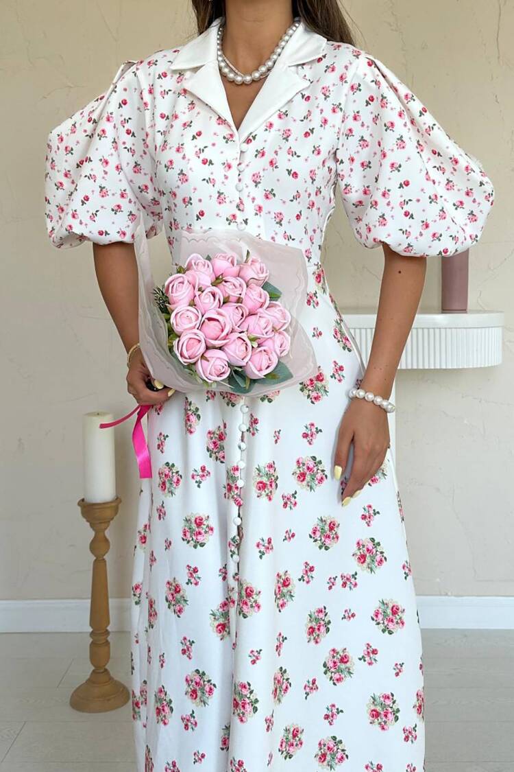White Elegant A-Line Dress With Floral Pattern