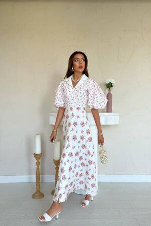 White Elegant A-Line Dress With Floral Pattern - Brand: Elisa - Women's Clothing Wholesale - Globality Store