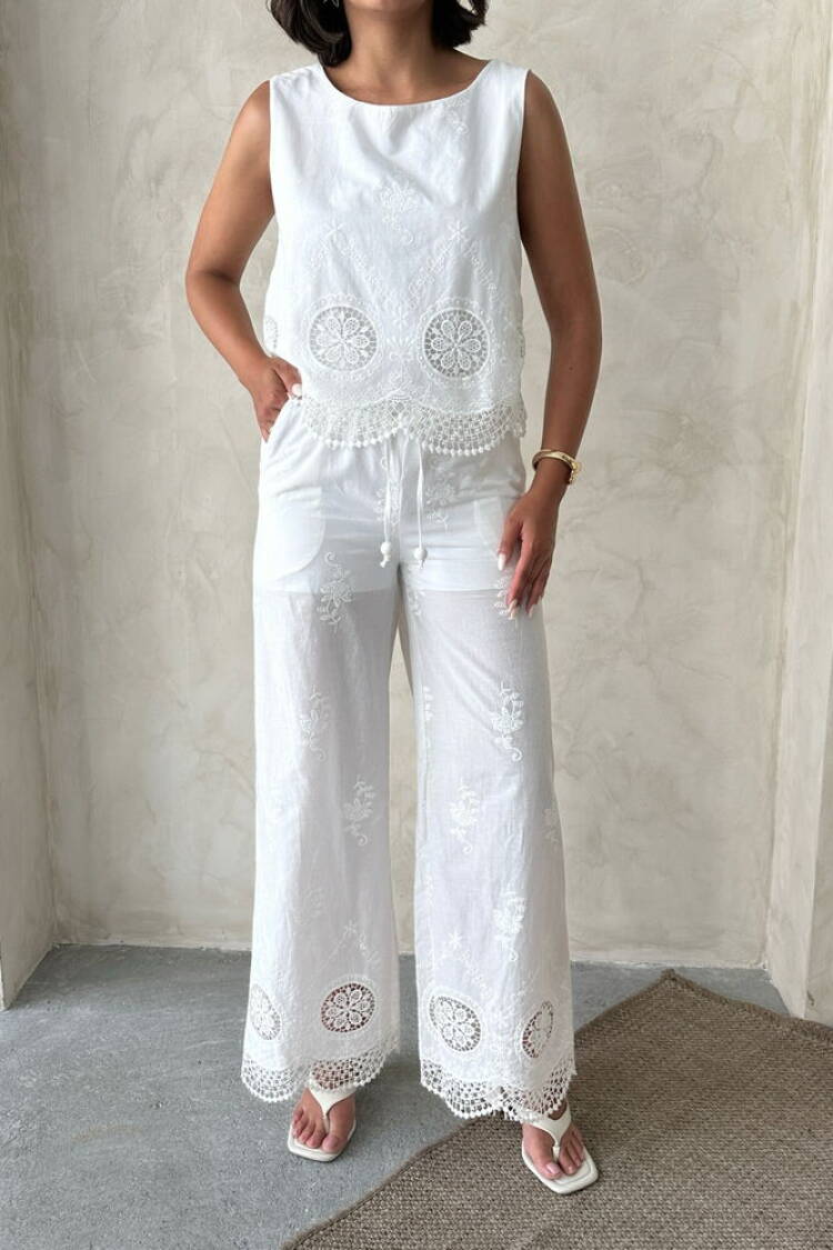 White Boho Palazzo Pants With Drawstring Waist