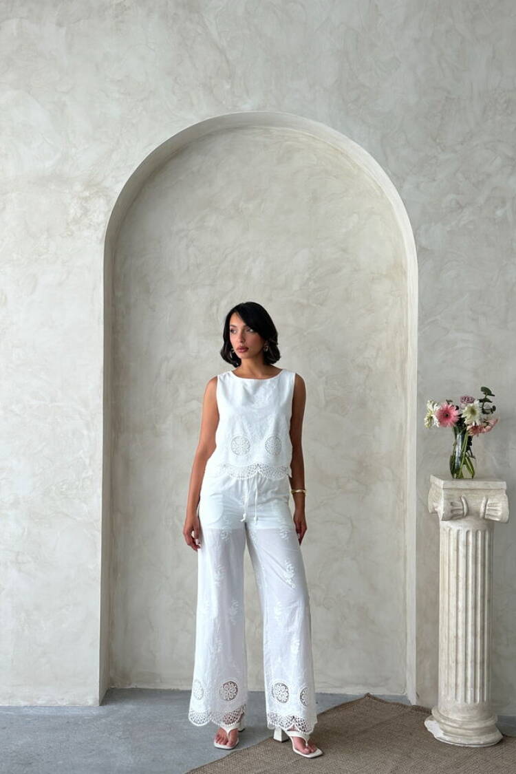 White Boho Palazzo Pants With Drawstring Waist