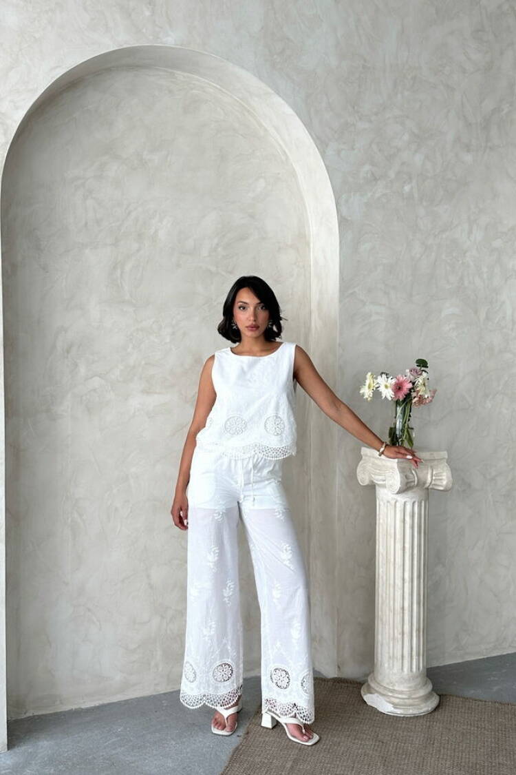 White Boho Palazzo Pants With Drawstring Waist