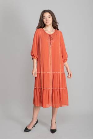 Orange Boho Modest Elegant Shift Midi Dress - Brand: GUMANIZE - Women's Clothing Wholesale - Globality Store