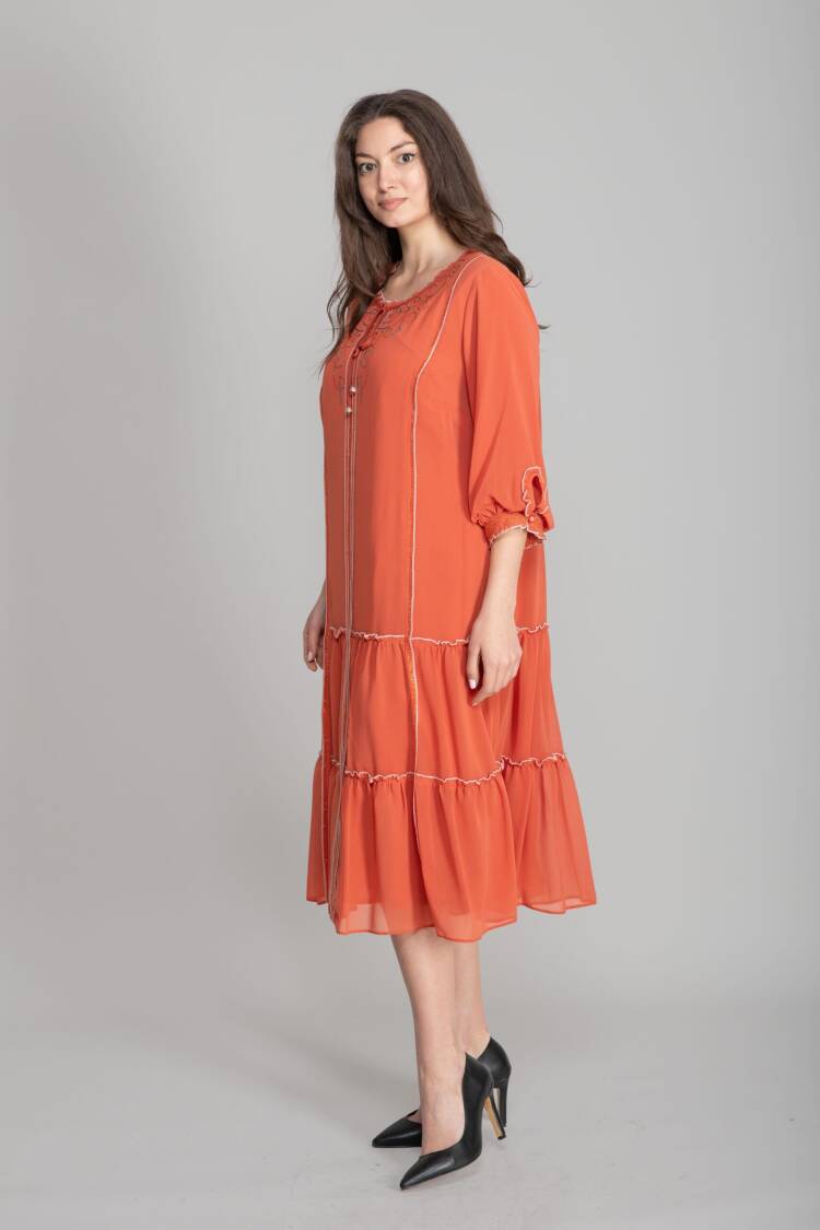 Orange Boho Modest Elegant Shift Midi Dress