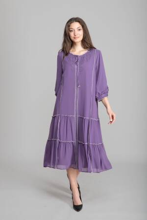 Purple A-Line Midi Dress With 3/4 Sleeves - Brand: GUMANIZE - Women's Clothing Wholesale - Globality Store