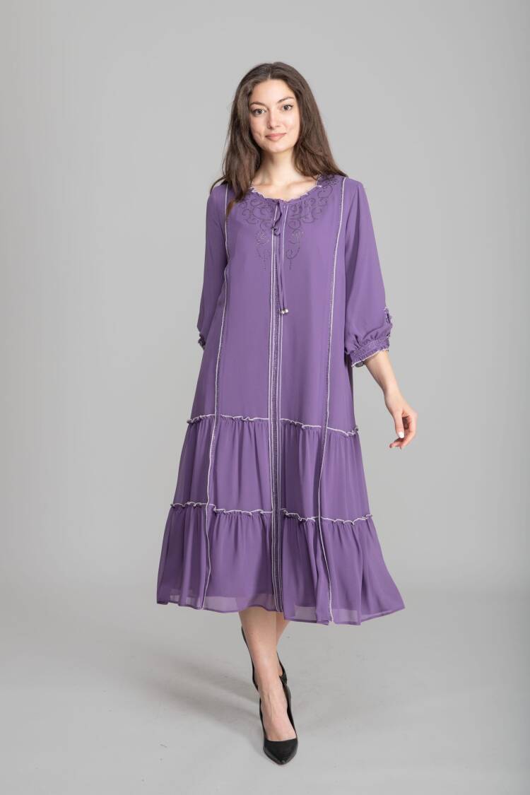 Purple A-Line Midi Dress With 3/4 Sleeves - Brand: GUMANIZE - Women's Clothing Wholesale - Globality Store