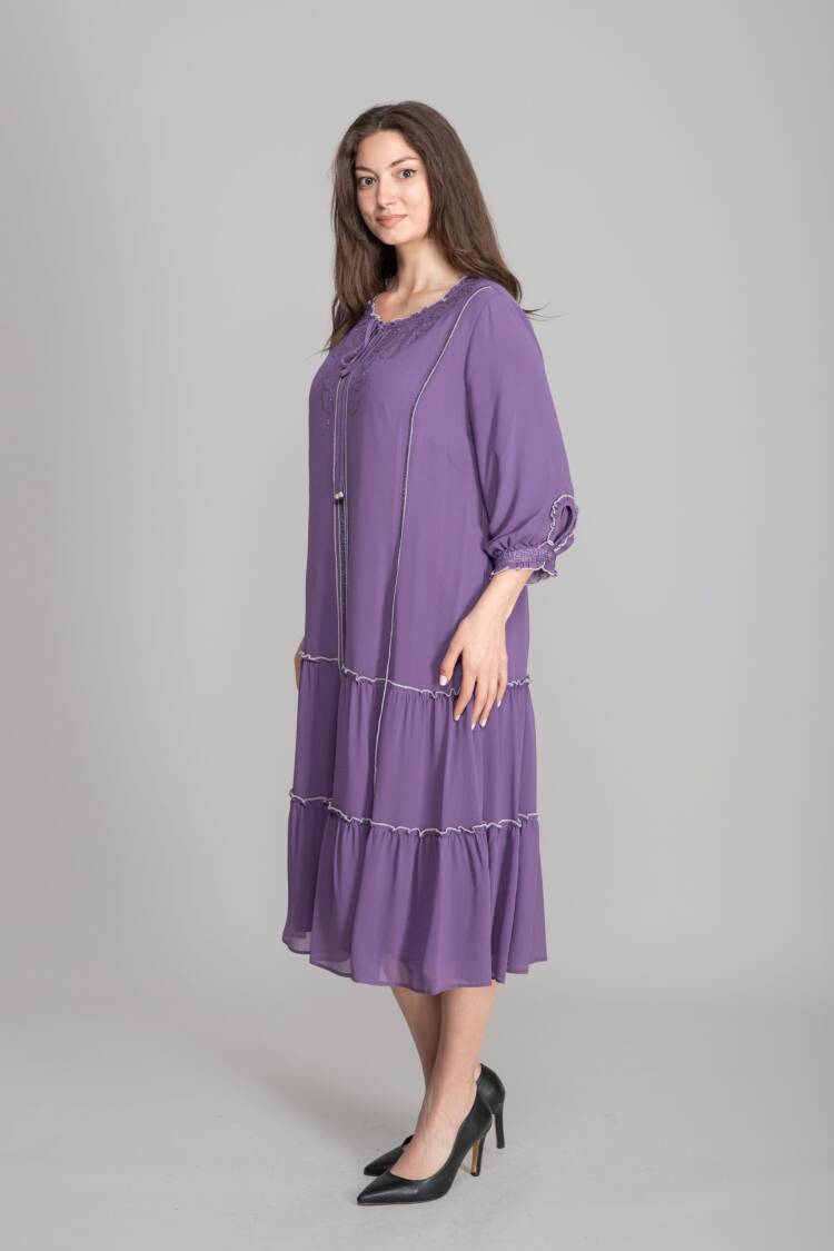 Purple A-Line Midi Dress With 3/4 Sleeves