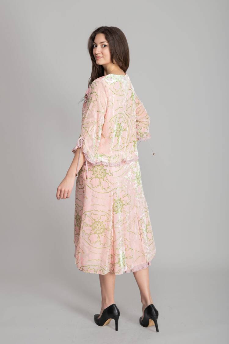 Pink A-Line Dress With Floral Ruffle Sleeves