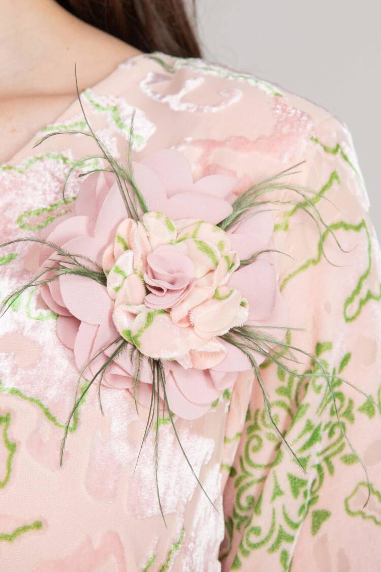 Pink A-Line Dress With Floral Ruffle Sleeves