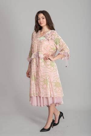 Pink A-Line Dress With Floral Ruffle Sleeves - Brand: GUMANIZE - Women's Clothing Wholesale - Globality Store