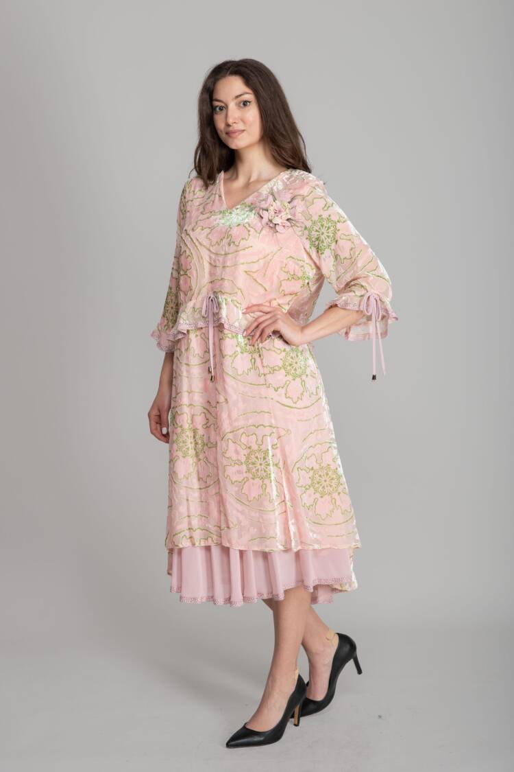 Pink A-Line Dress With Floral Ruffle Sleeves