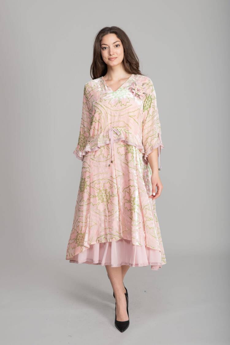 Pink A-Line Dress With Floral Ruffle Sleeves - Brand: GUMANIZE - Women's Clothing Wholesale - Globality Store