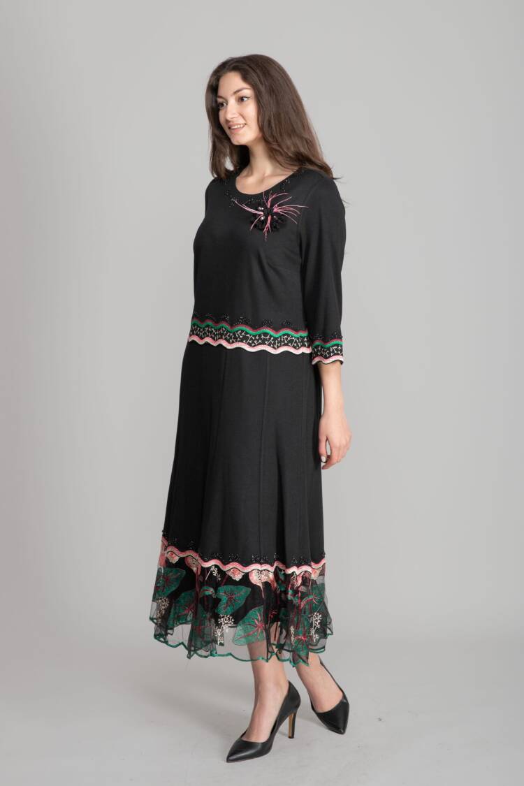 Black A-Line Midi Dress With 3/4 Straight Sleeves
