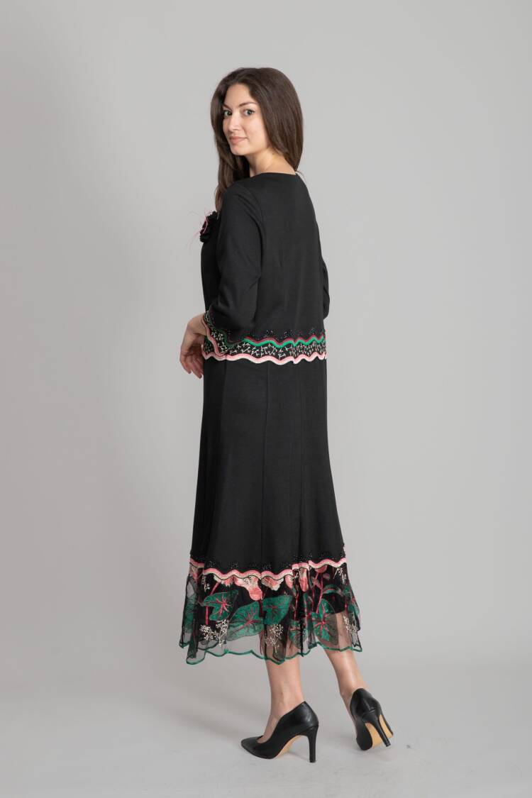 Black A-Line Midi Dress With 3/4 Straight Sleeves