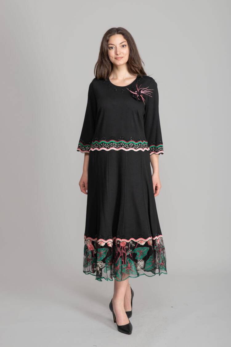 Black A-Line Midi Dress With 3/4 Straight Sleeves - Brand: GUMANIZE - Women's Clothing Wholesale - Globality Store