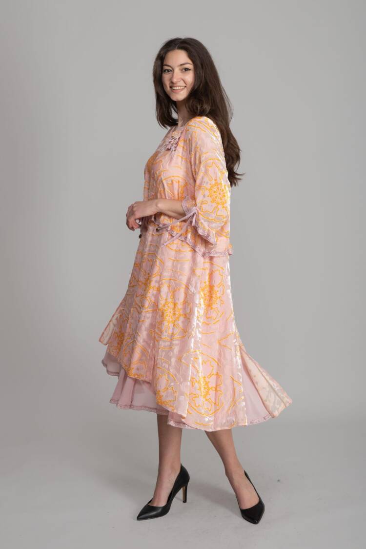 Pink A-Line Boho Dress With Floral Pattern