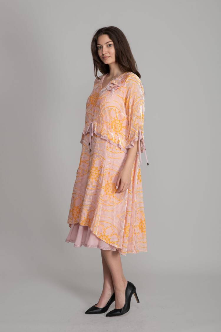 Pink A-Line Boho Dress With Floral Pattern