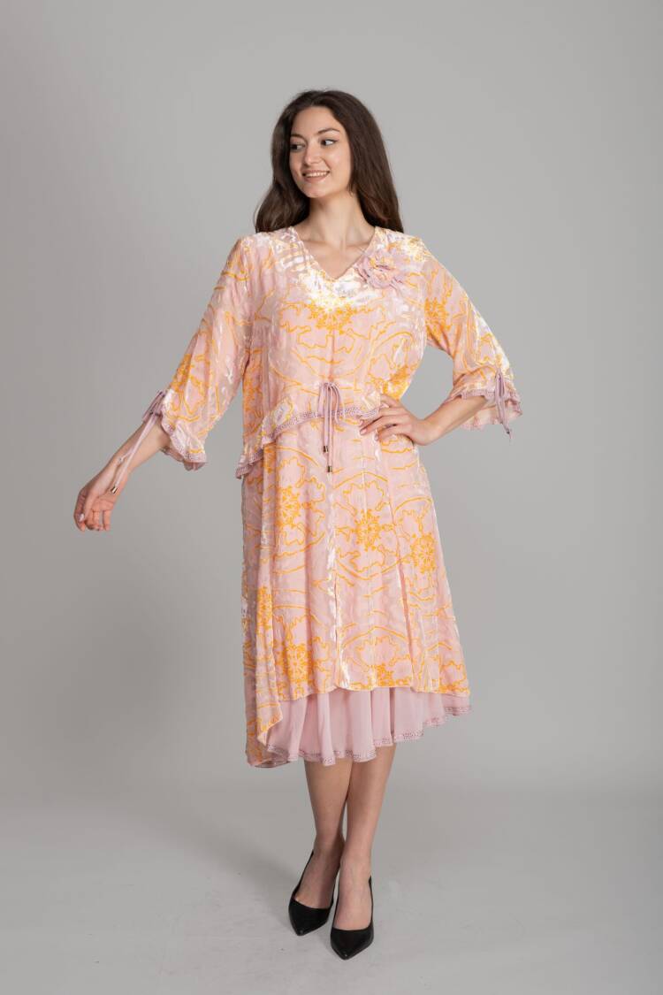 Pink A-Line Boho Dress With Floral Pattern - Brand: GUMANIZE - Women's Clothing Wholesale - Globality Store