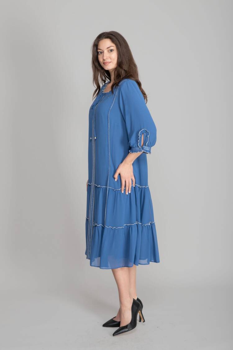 Blue A-Line Modest Midi Dress With 3/4 Sleeves