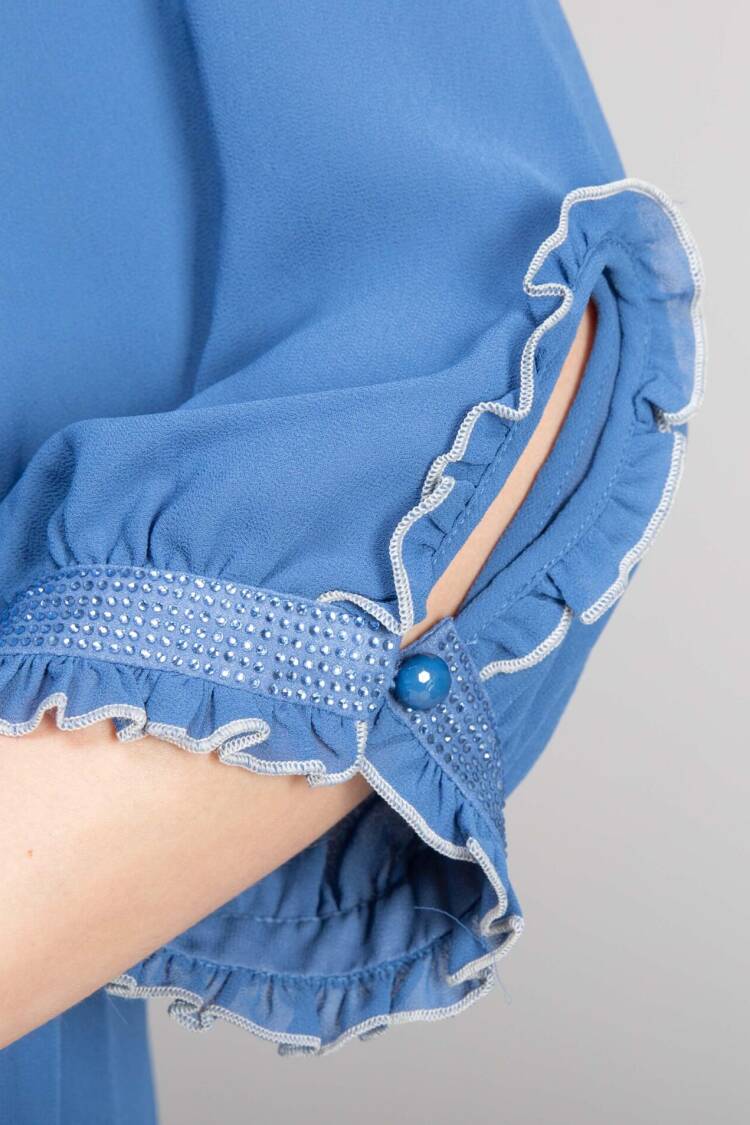 Blue A-Line Modest Midi Dress With 3/4 Sleeves