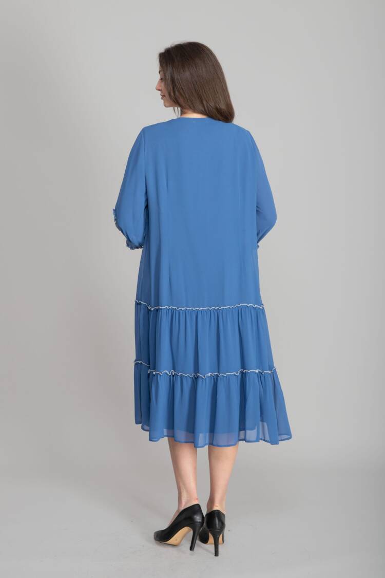 Blue A-Line Modest Midi Dress With 3/4 Sleeves