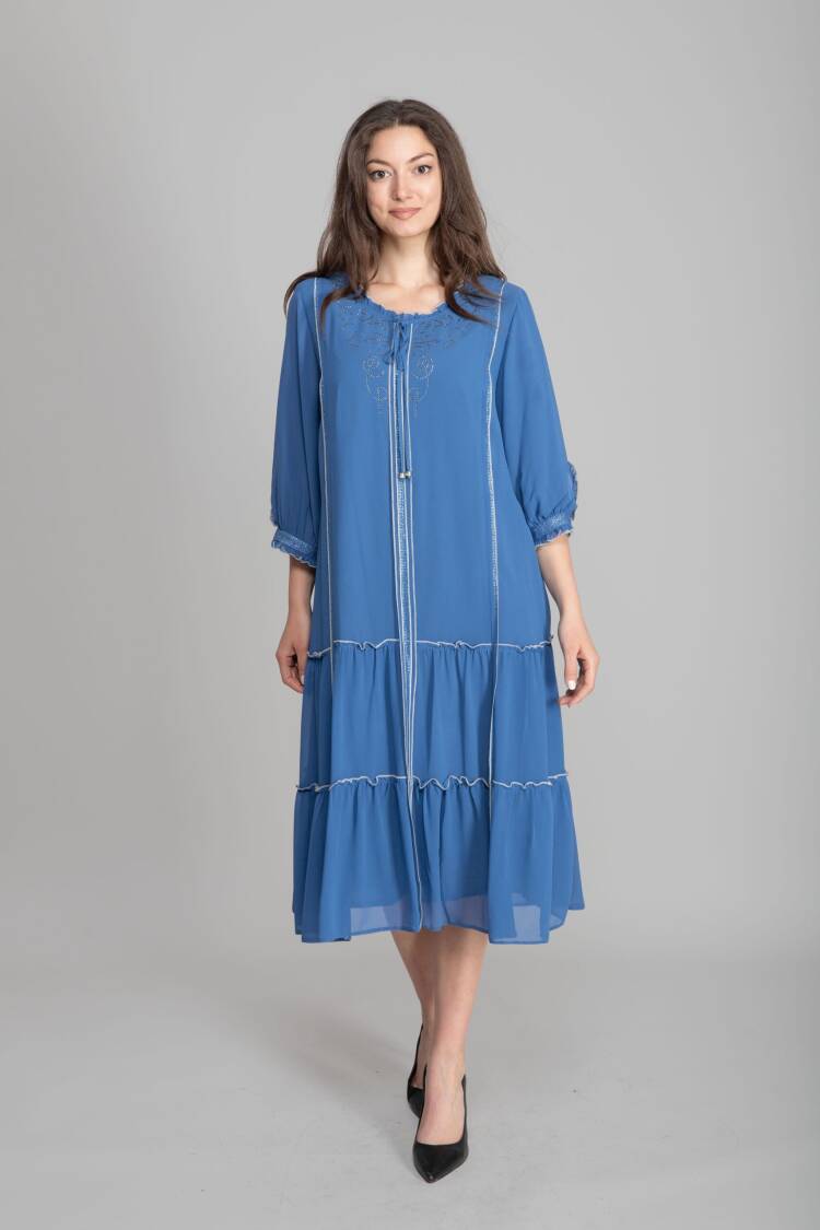 Blue A-Line Modest Midi Dress With 3/4 Sleeves - Brand: GUMANIZE - Women's Clothing Wholesale - Globality Store