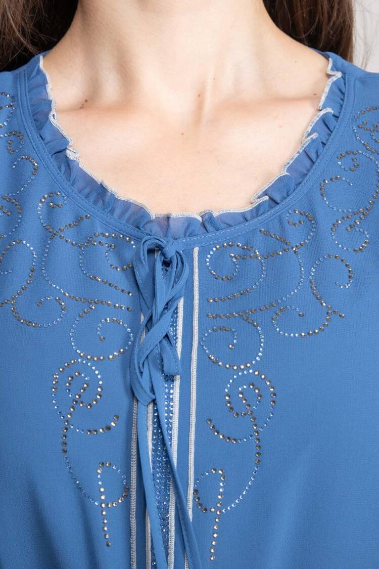 Blue A-Line Modest Midi Dress With 3/4 Sleeves