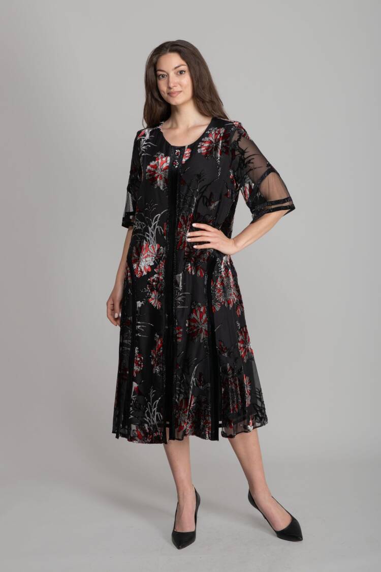 Black Elegant A-Line Midi Dress With 3/4 Sleeves
