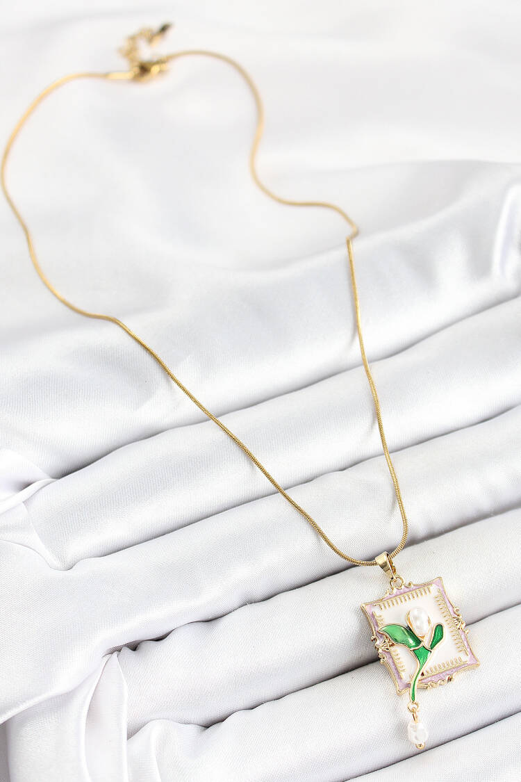 316l Steel Chain White Artistic Portrait Rocking Pearl Detailed Tulip Model Gold Color Women Necklace