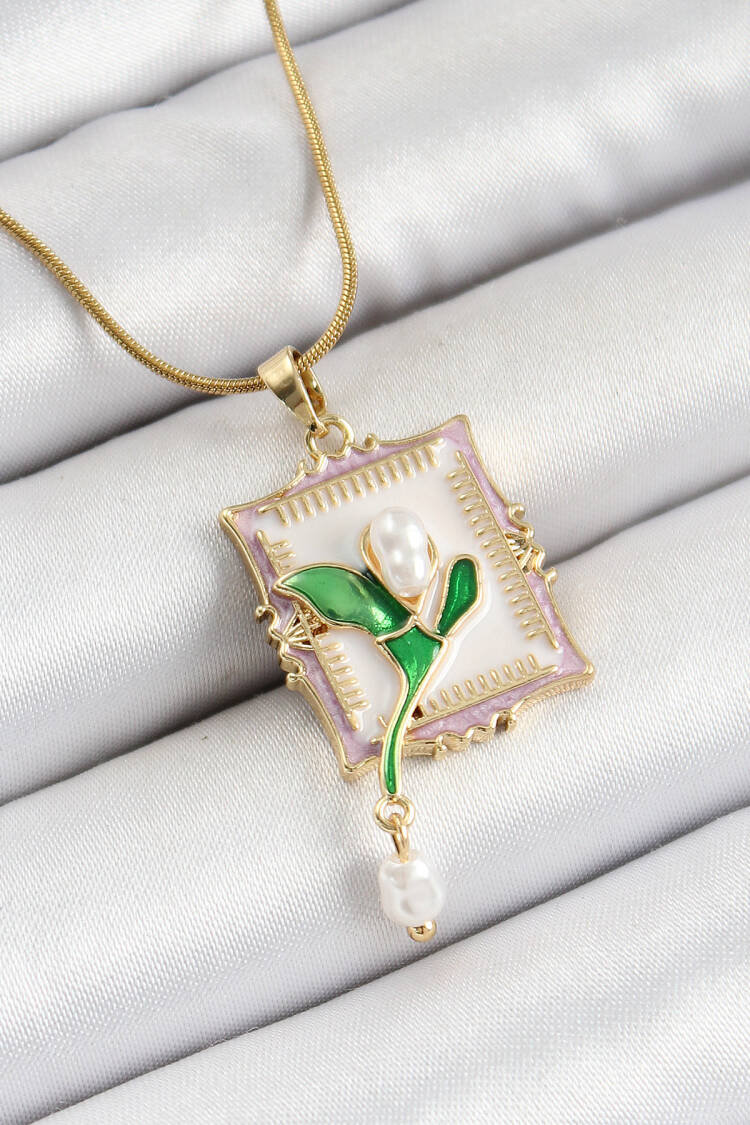 316l Steel Chain White Artistic Portrait Rocking Pearl Detailed Tulip Model Gold Color Women Necklace - Brand: Ebijuteri - Women's Clothing Wholesale - Globality Store