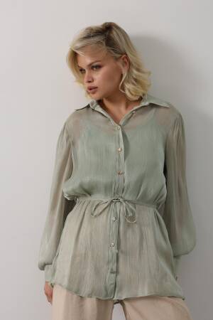 Green Elegant Buttoned Shirt With Ballon Sleeves - Brand: Reyon - Women's Clothing Wholesale - Globality Store