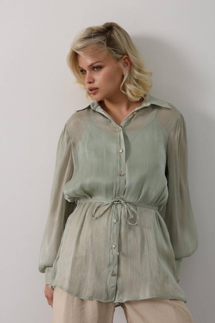 Green Elegant Buttoned Shirt With Ballon Sleeves