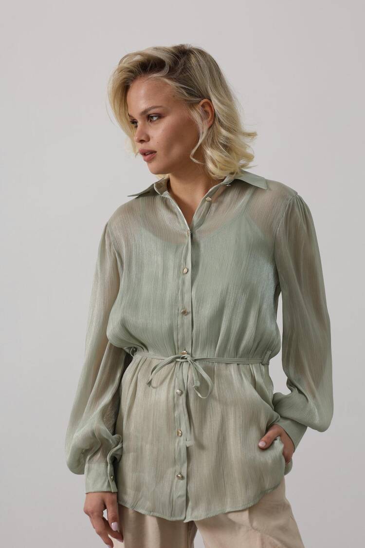 Green Elegant Buttoned Shirt With Ballon Sleeves