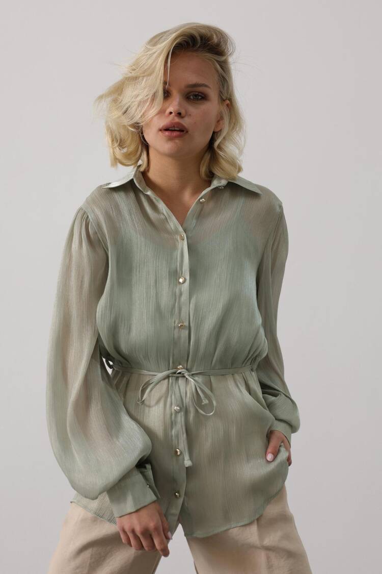 Green Elegant Buttoned Shirt With Ballon Sleeves - Brand: Reyon - Women's Clothing Wholesale - Globality Store