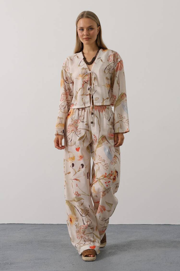 Beige Boho Set With Floral Palazzo Pants - Brand: Reyon - Women's Clothing Wholesale - Globality Store