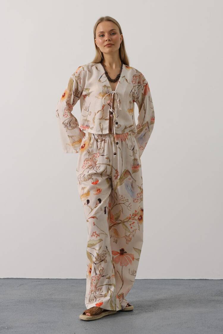 Beige Boho Set With Floral Palazzo Pants