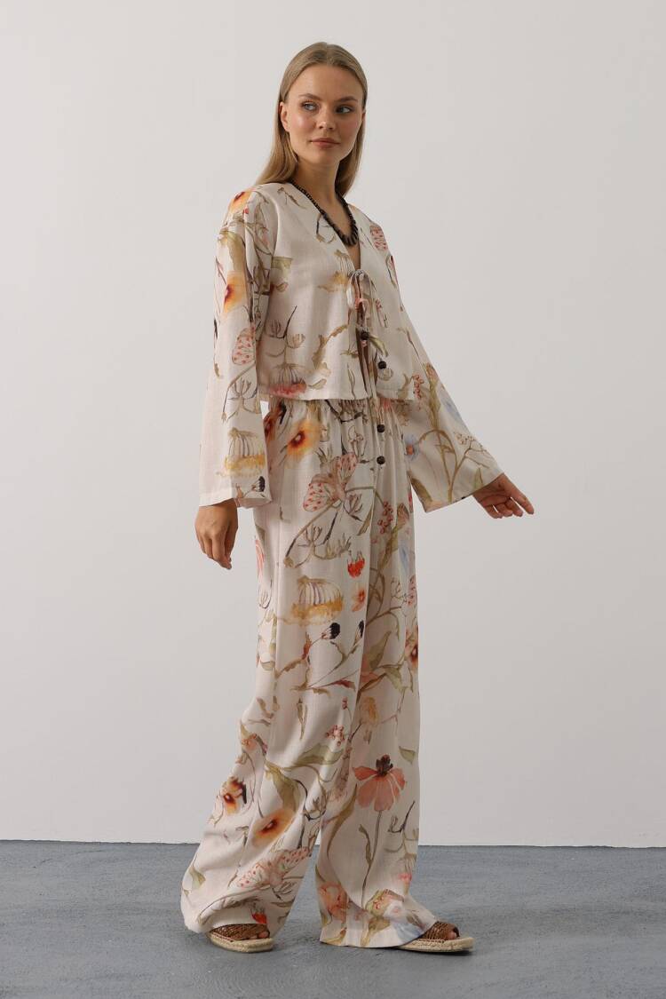 Beige Boho Set With Floral Palazzo Pants