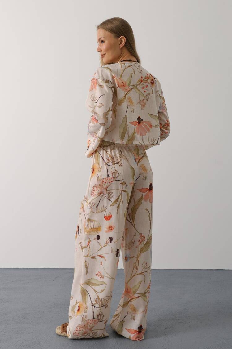 Beige Boho Set With Floral Palazzo Pants