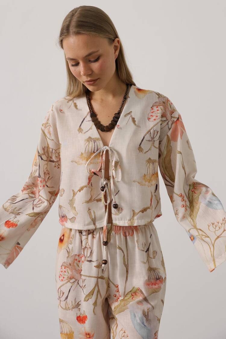 Beige Boho Set With Floral Palazzo Pants
