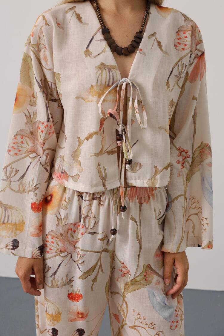 Beige Boho Set With Floral Palazzo Pants