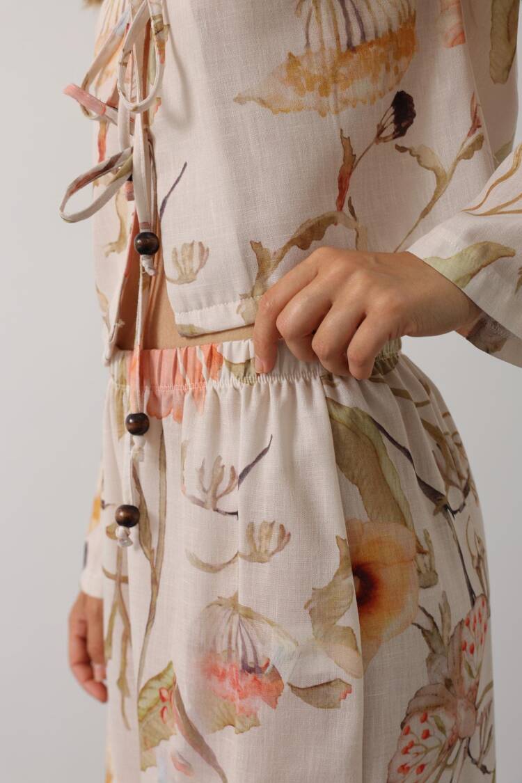 Beige Boho Set With Floral Palazzo Pants