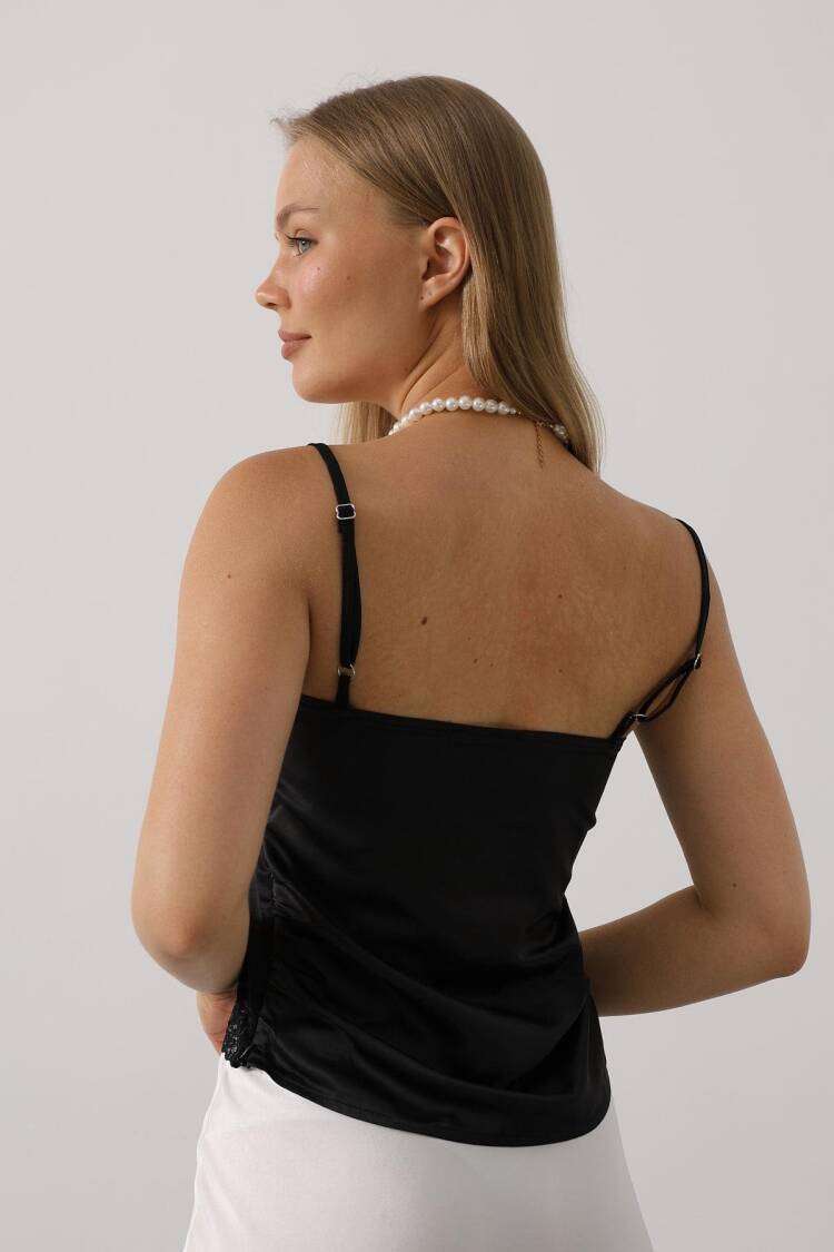 Black Blouse With Square Neck And Cap Sleeves