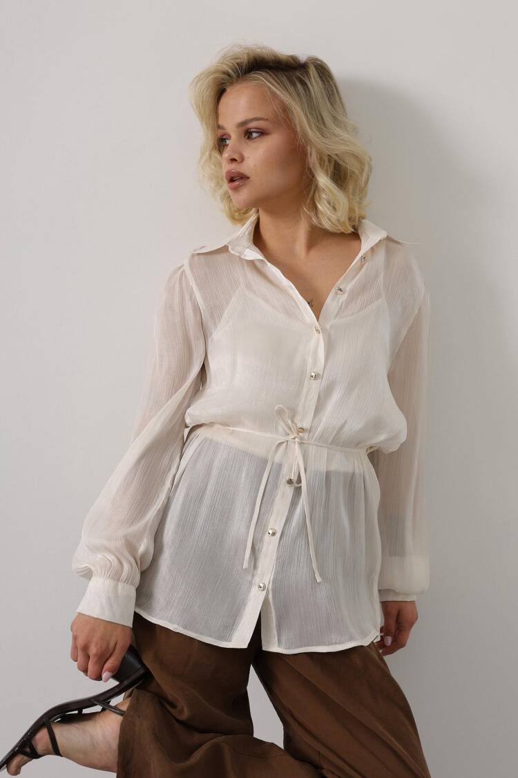 Elegant Beige Shirt With Shawl Collar - Brand: Reyon - Women's Clothing Wholesale - Globality Store