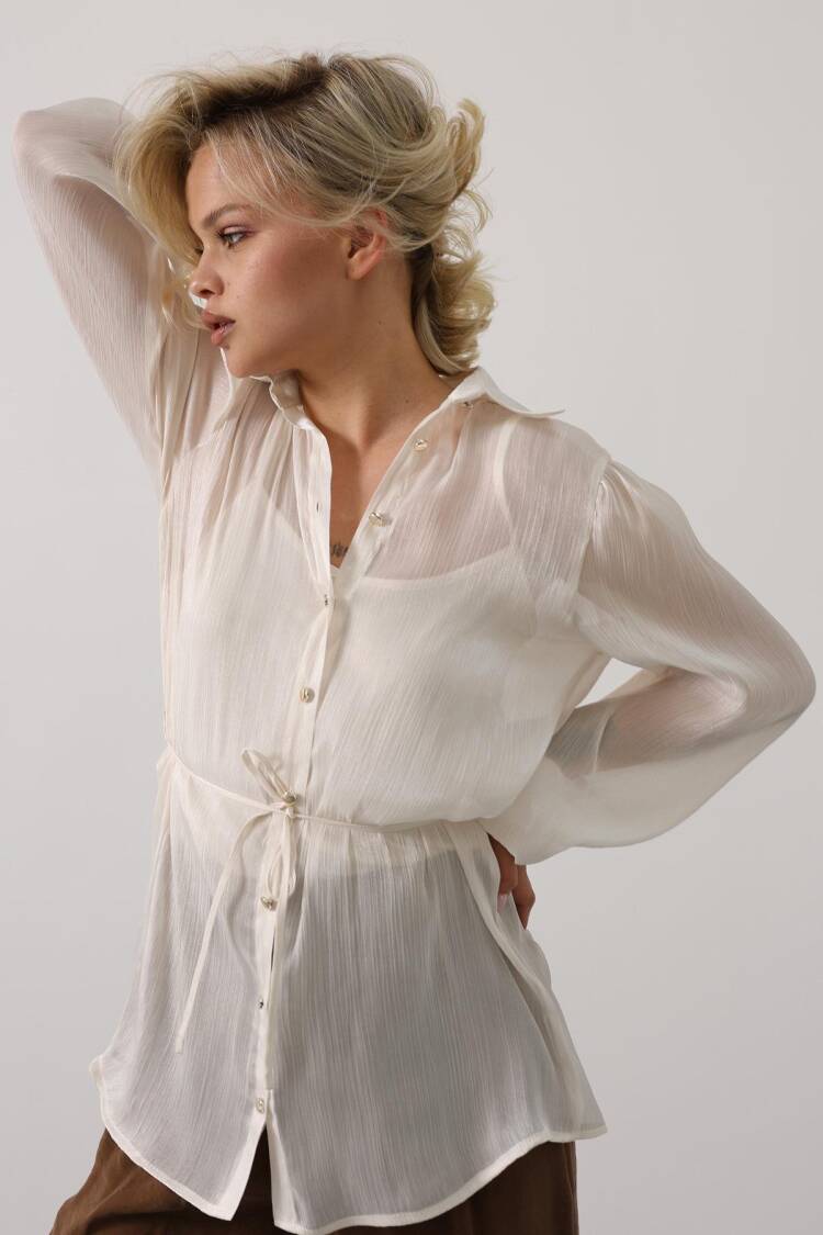 Elegant Beige Shirt With Shawl Collar